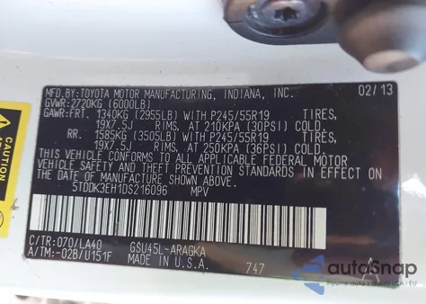 2013 Toyota Highlander Limited V6 z USA, uszkodzony, nr VIN 5TDDK3EH1DS216096